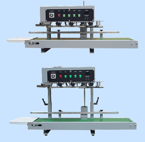 Continuous Band Sealer is a small model, performing vertical sealing operation. It combines the functions of bag sealing, knurling or printing. The variable conveyor belt speed is adjustable to accommodate materials of various thickness.
